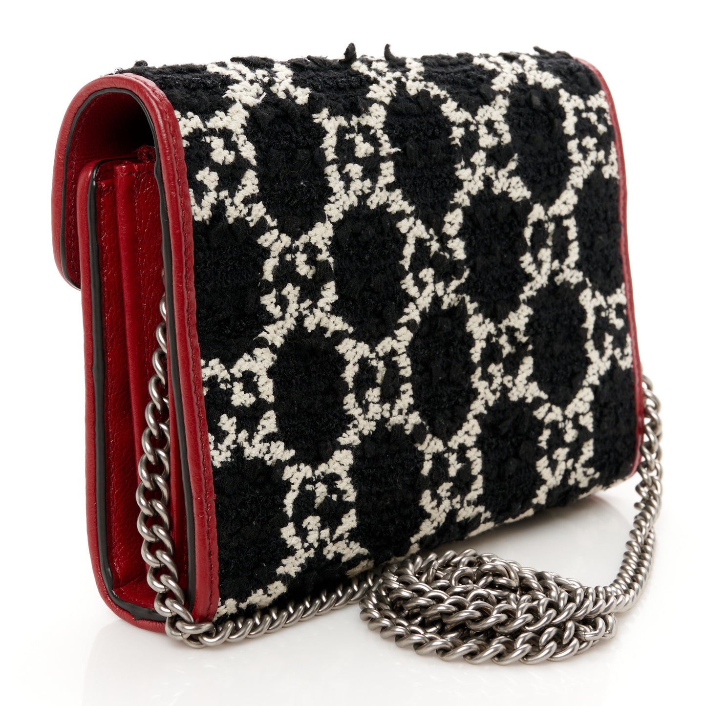 Tweed GG Monogram Mini Dionysus Chain Wallet Black White Romantic Cherry