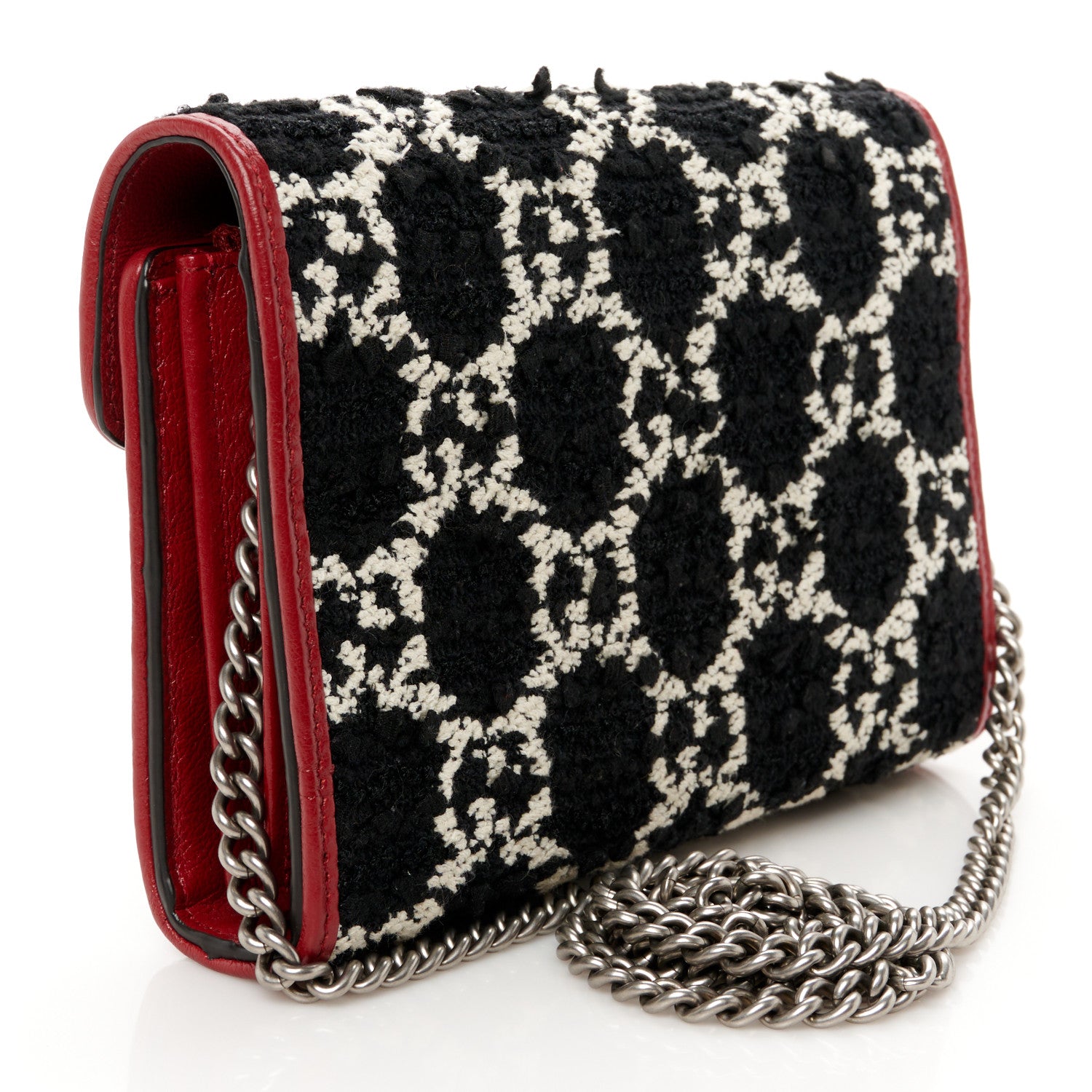 Gucci Tweed GG Monogram Mini Dionysus Chain Wallet Black White Romantic Cherry 3 of 10