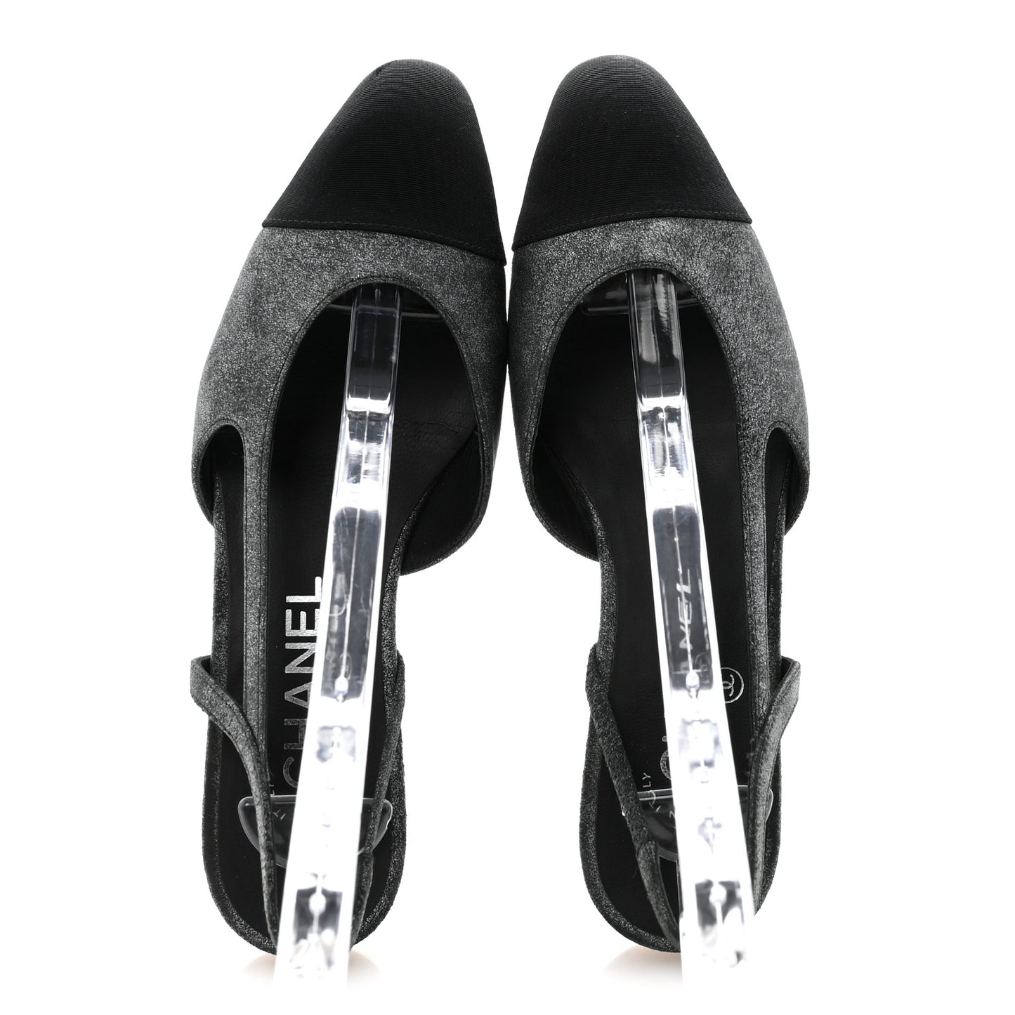 Lambskin Grosgrain Cap Toe CC Slingback Flats 35.5 Silver Black