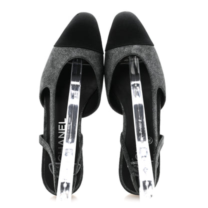 Chanel Lambskin Grosgrain Cap Toe CC Slingback Flats 35.5 Silver Black 2 of 10