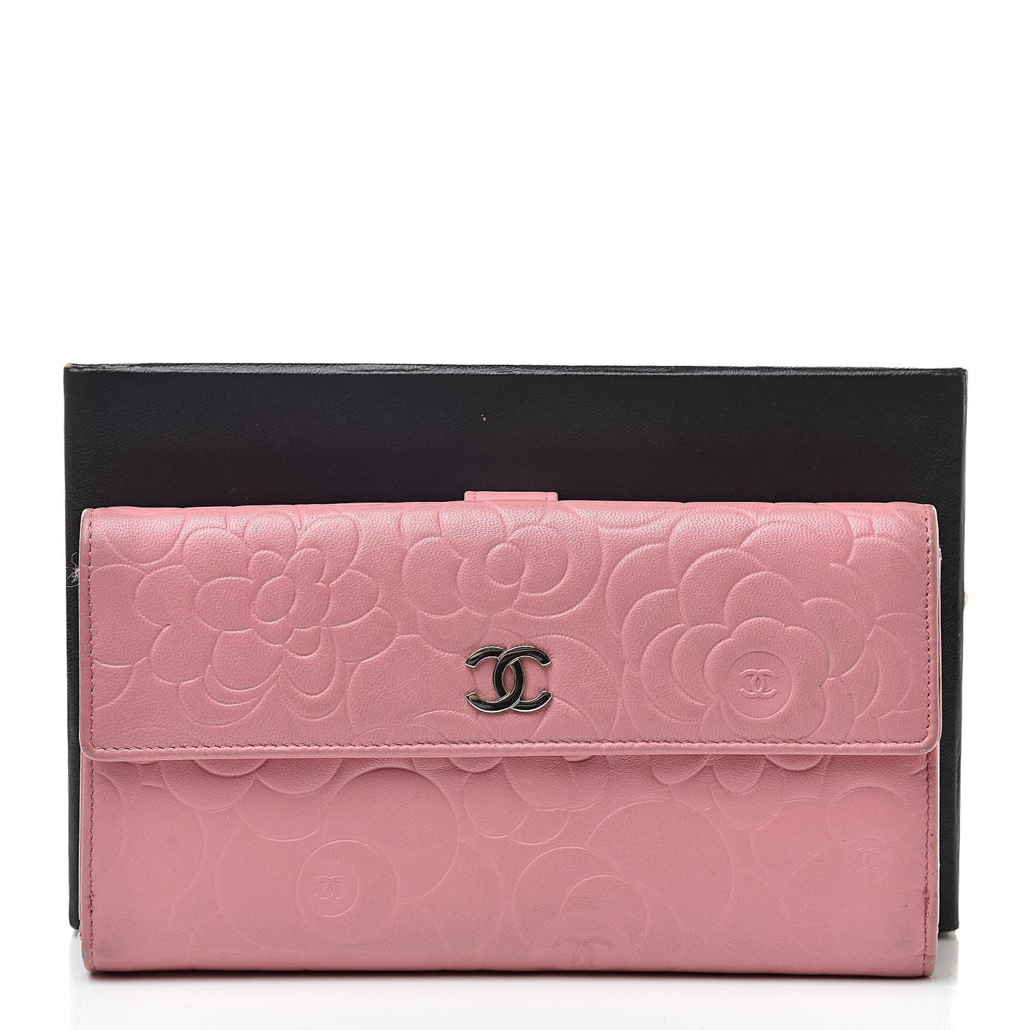 Lambskin Camellia Embossed Long Double Wallet Pink