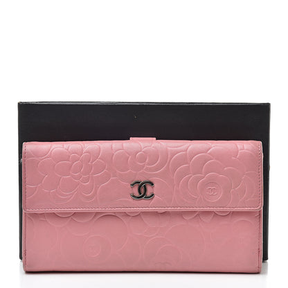 Chanel Lambskin Camellia Embossed Long Double Wallet Pink 19 of 19