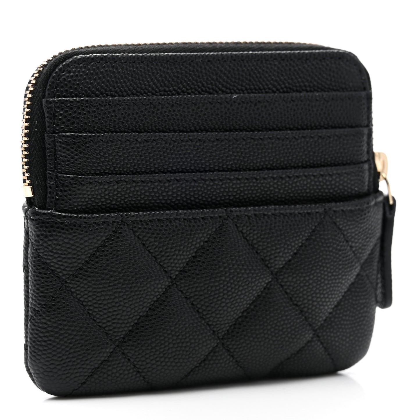 Caviar Metal Quilted Striated Zip Card Holder Wallet Black