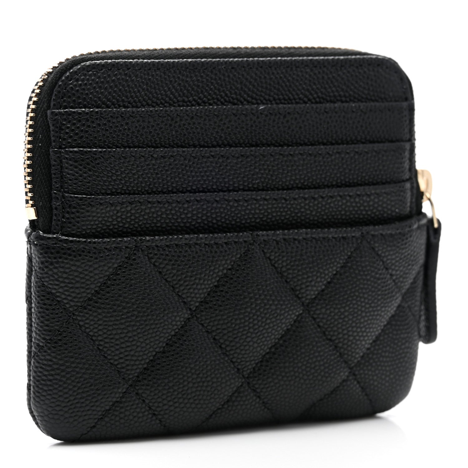 Chanel Caviar Metal Quilted Striated Zip Card Holder Wallet Black 3 of 7