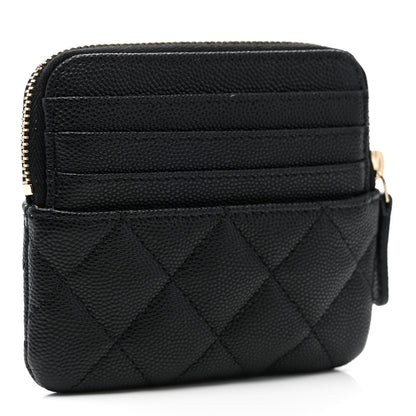 Chanel Caviar Metal Quilted Striated Zip Card Holder Wallet Black 3 of 7
