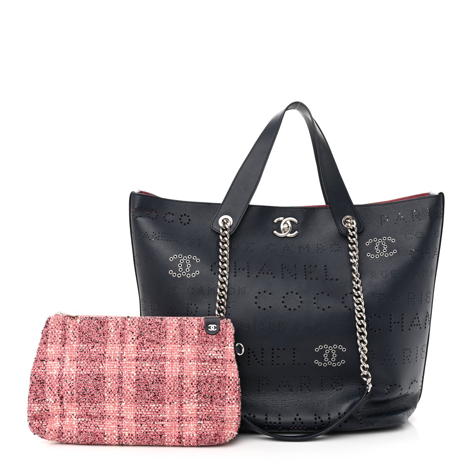 Chanel Calfskin Tweed Small Logo Eyelets Shopping Tote Navy Blue 1 of 8