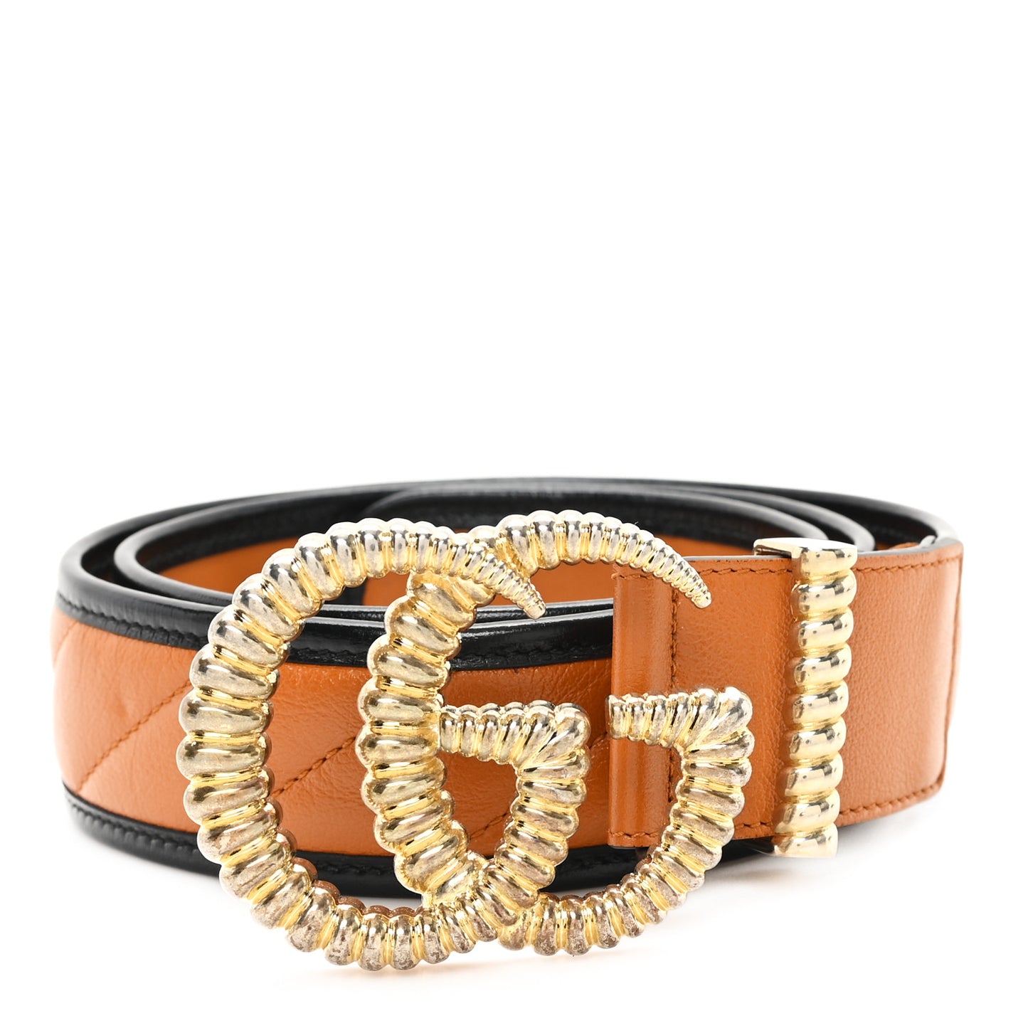 Azalea Calfskin Matelasse Diagonal Torchon Double G 40mm Belt 90 36 Cognac Black