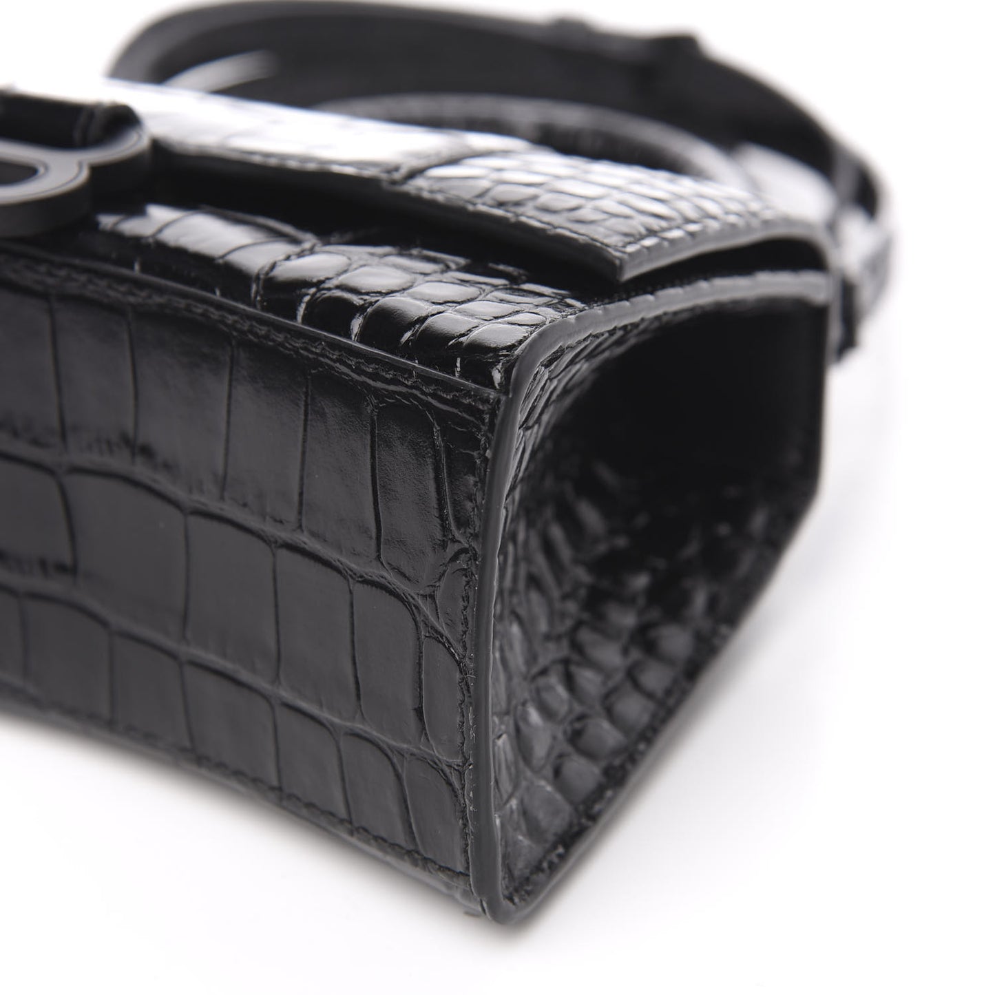 Shiny Calfskin Monochrome Crocodile Embossed Hourglass Top Handle Bag XS Black