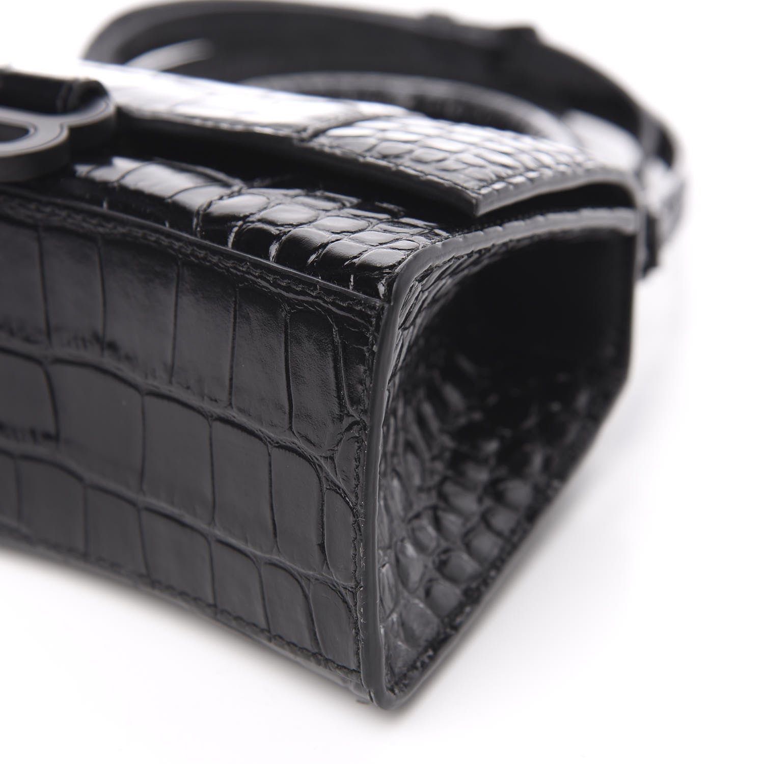 Balenciaga Shiny Calfskin Monochrome Crocodile Embossed Hourglass Top Handle Bag XS Black 7 of 8