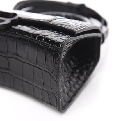 Balenciaga Shiny Calfskin Monochrome Crocodile Embossed Hourglass Top Handle Bag XS Black 7 of 8