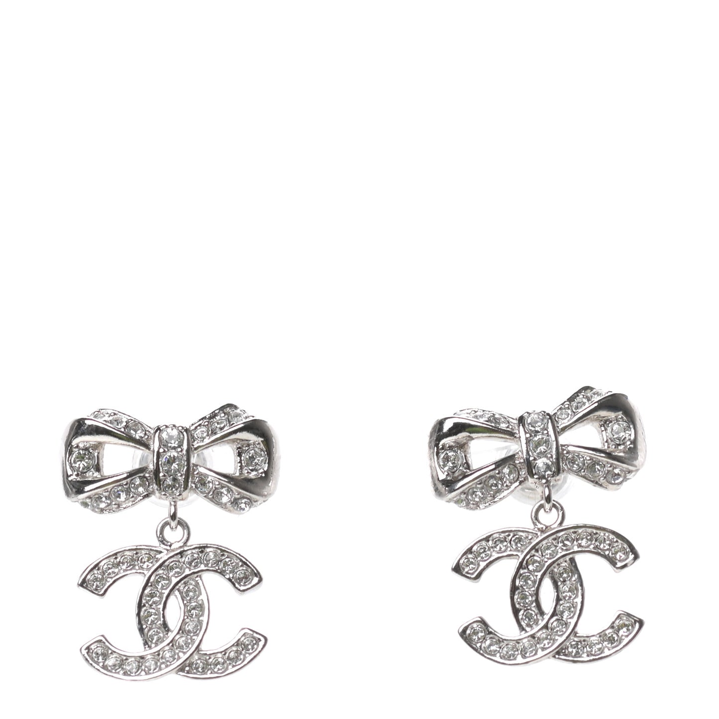 Crystal CC Bow Dangle Earrings Silver