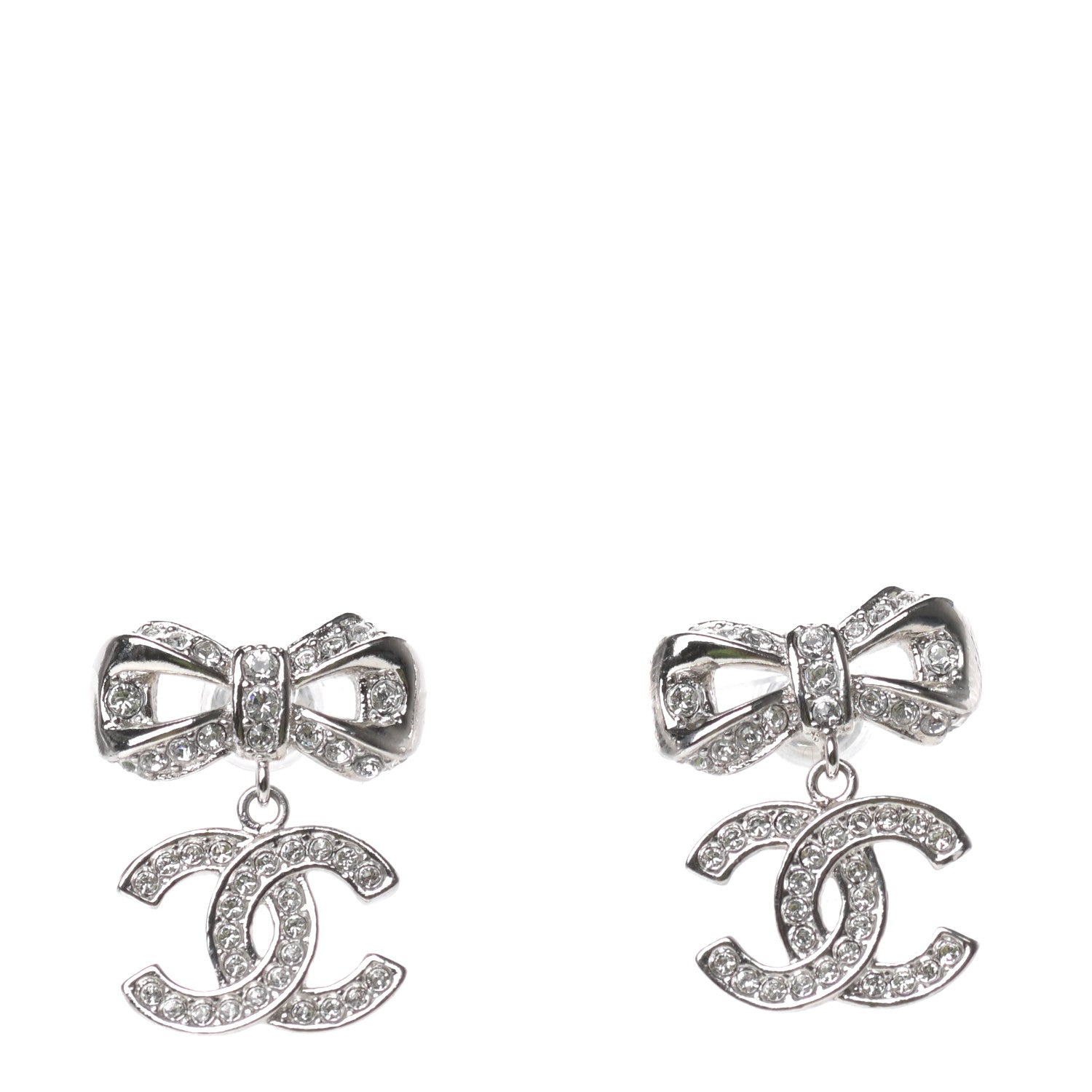Chanel Crystal CC Bow Dangle Earrings Silver 1 of 4