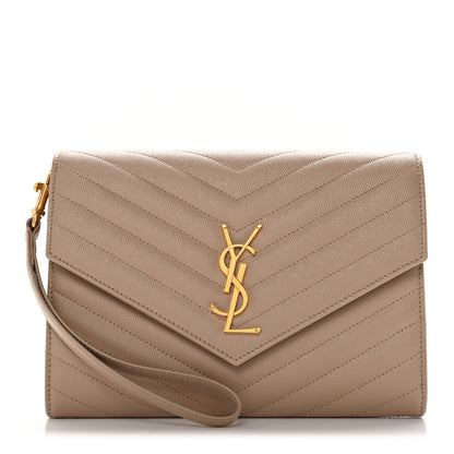 Saint Laurent Grain De Poudre Matelasse Chevron Monogram Envelope Clutch Dark Beige 1 of 13