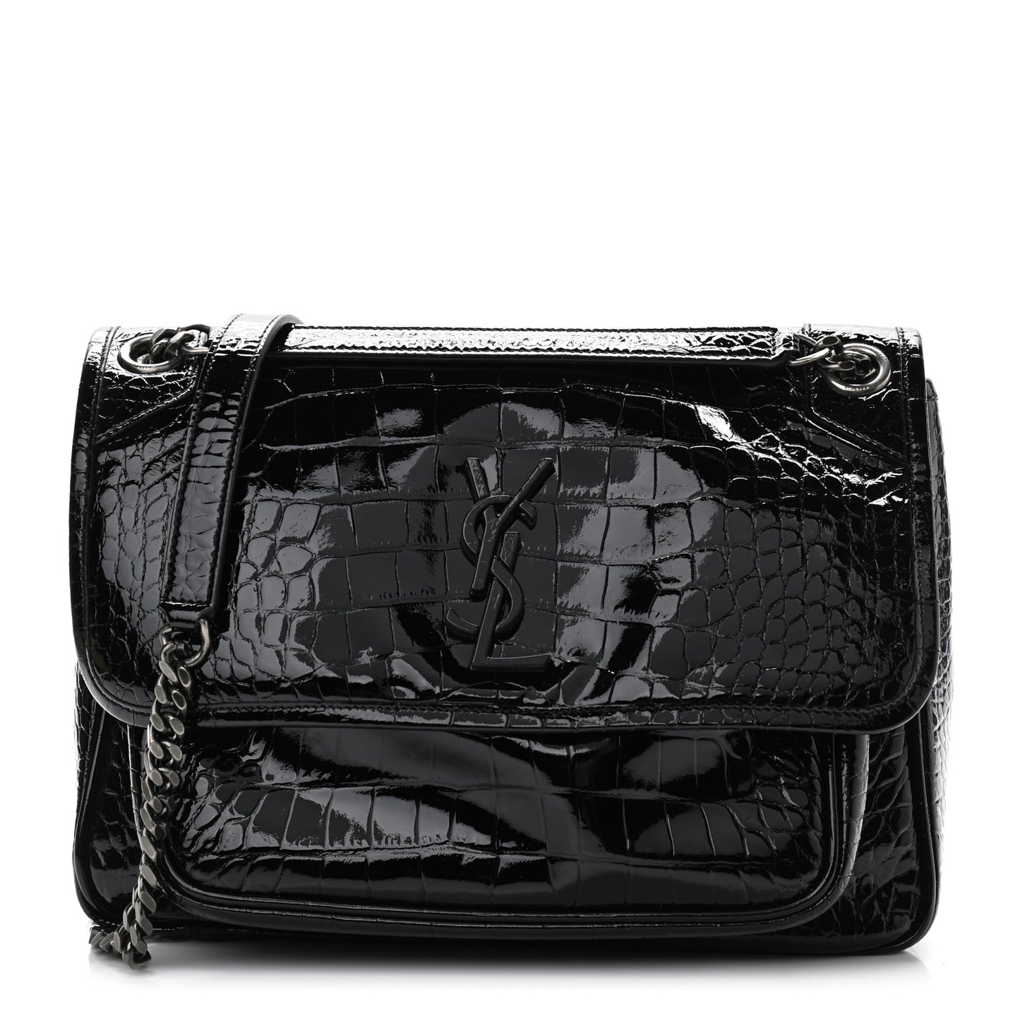 Patent Crocodile Embossed Lambskin Monogram Medium Niki Chain Satchel Black
