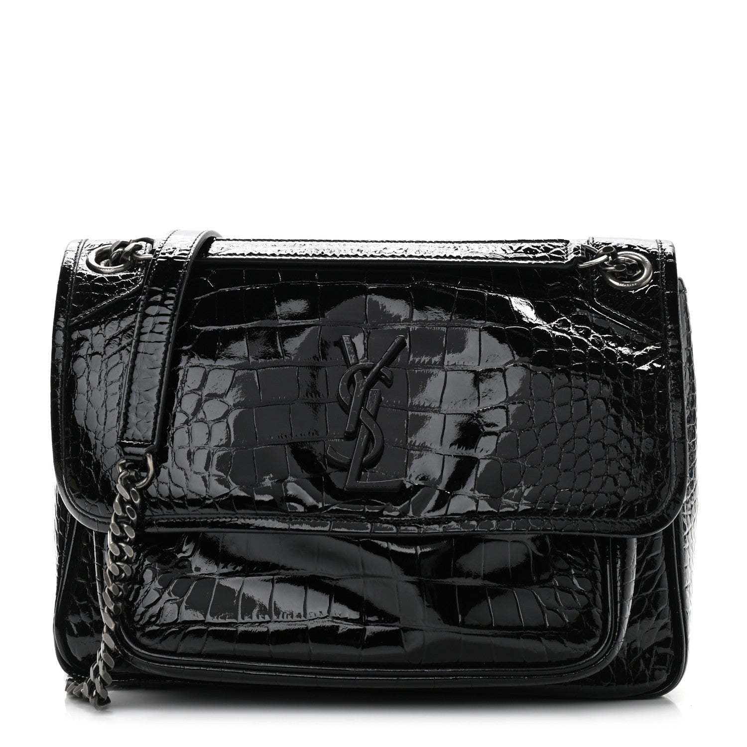 Saint Laurent Patent Crocodile Embossed Lambskin Monogram Medium Niki Chain Satchel Black 1 of 11