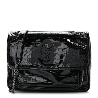 Saint Laurent Patent Crocodile Embossed Lambskin Monogram Medium Niki Chain Satchel Black 1 of 11