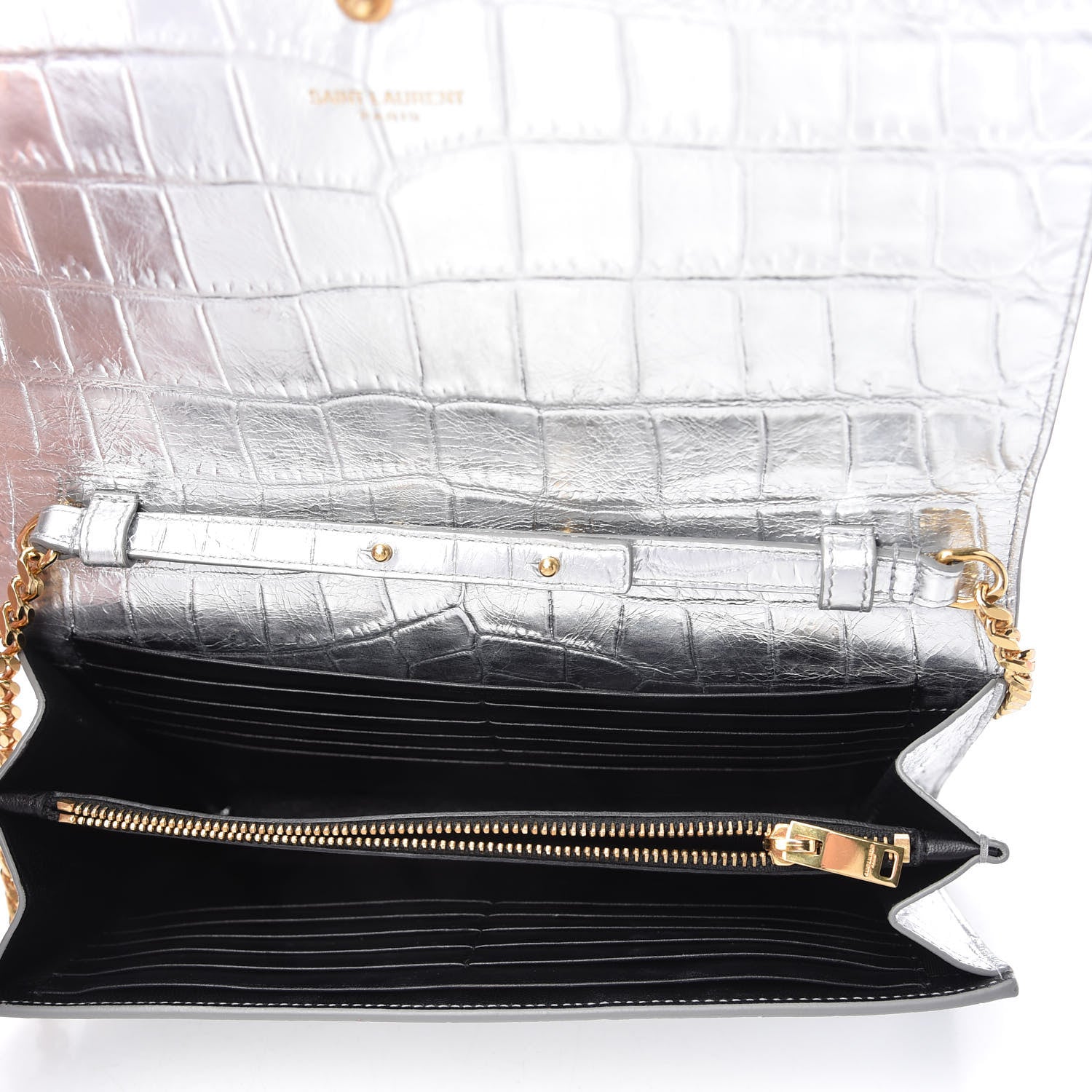 Saint Laurent Calfskin Crocodile Embossed Monogram Chain Wallet Argento 5 of 9