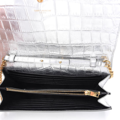 Saint Laurent Calfskin Crocodile Embossed Monogram Chain Wallet Argento 5 of 9