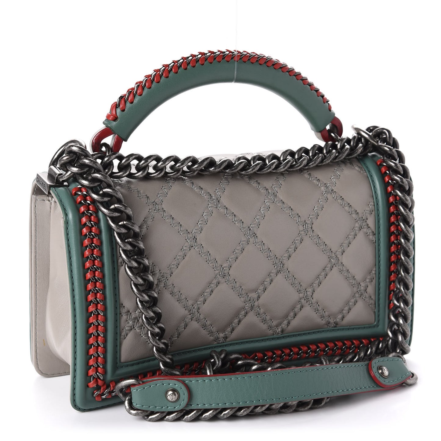 Calfskin Quilted Medium Boy Top Handle Flap Grey