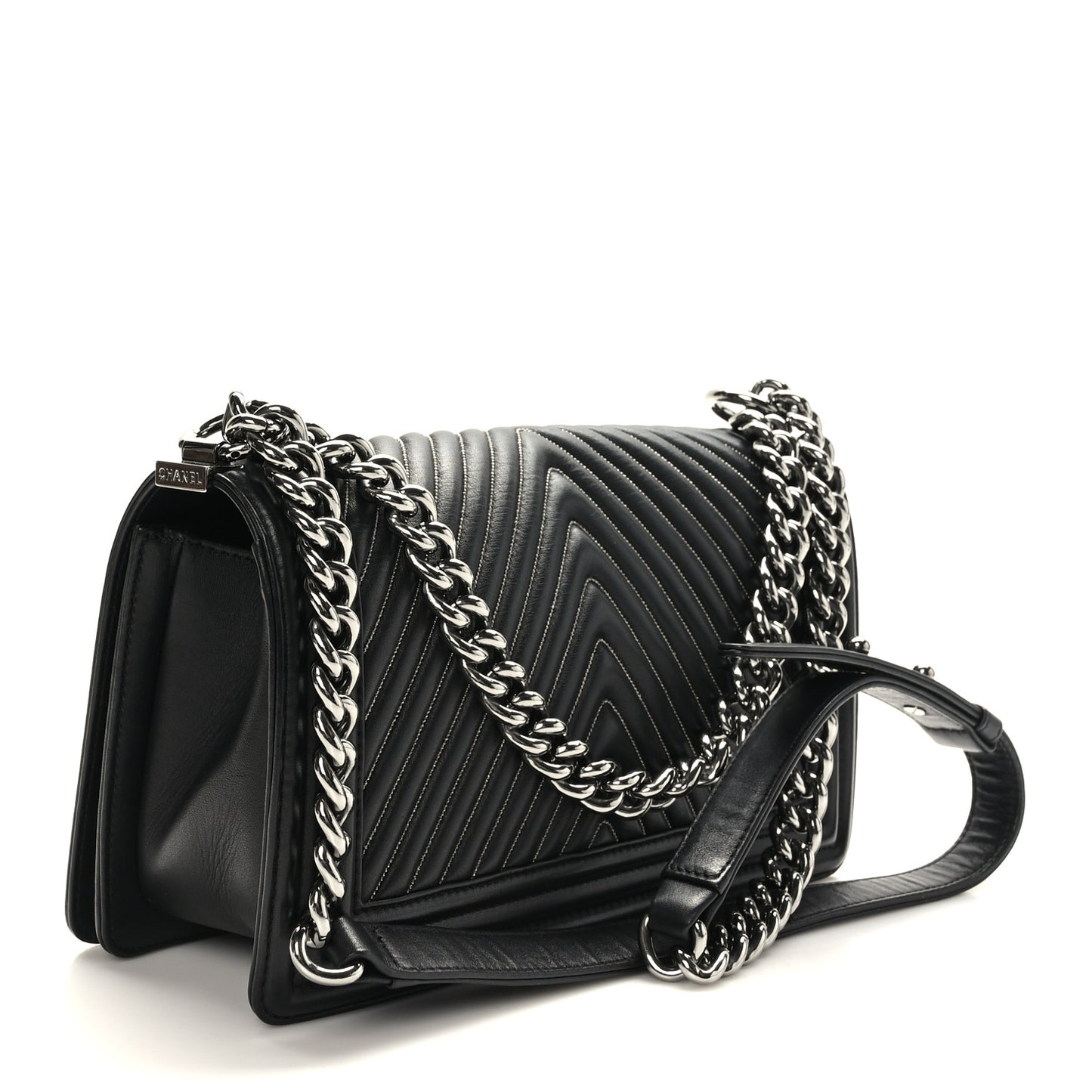 Calfskin Chevron Quilted Medium Chain Boy Flap Black