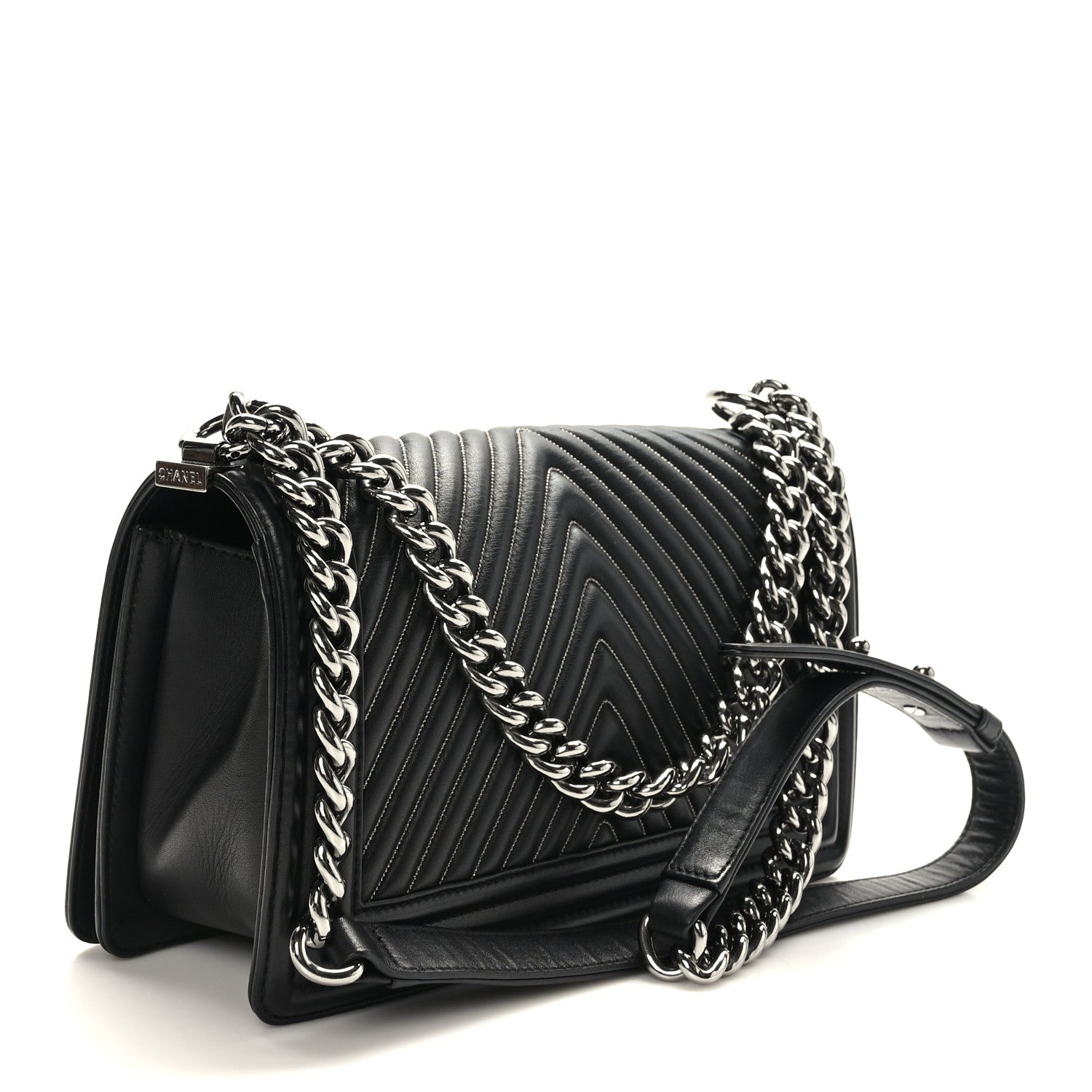 Chanel Calfskin Chevron Quilted Medium Chain Boy Flap Black 3 of 9