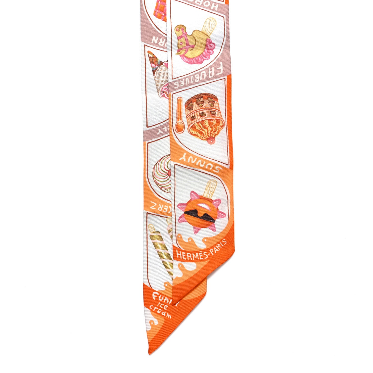 Hermes Silk Funny Ice Cream Twilly Orange Creme Beige 1561716