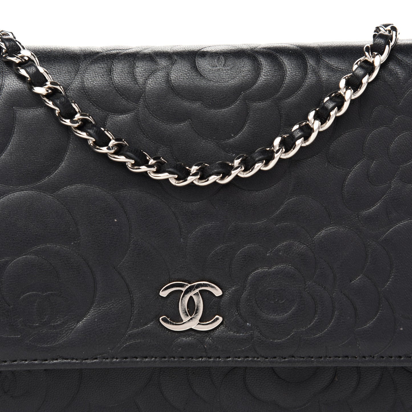 Lambskin Camellia Embossed Wallet on Chain WOC Black