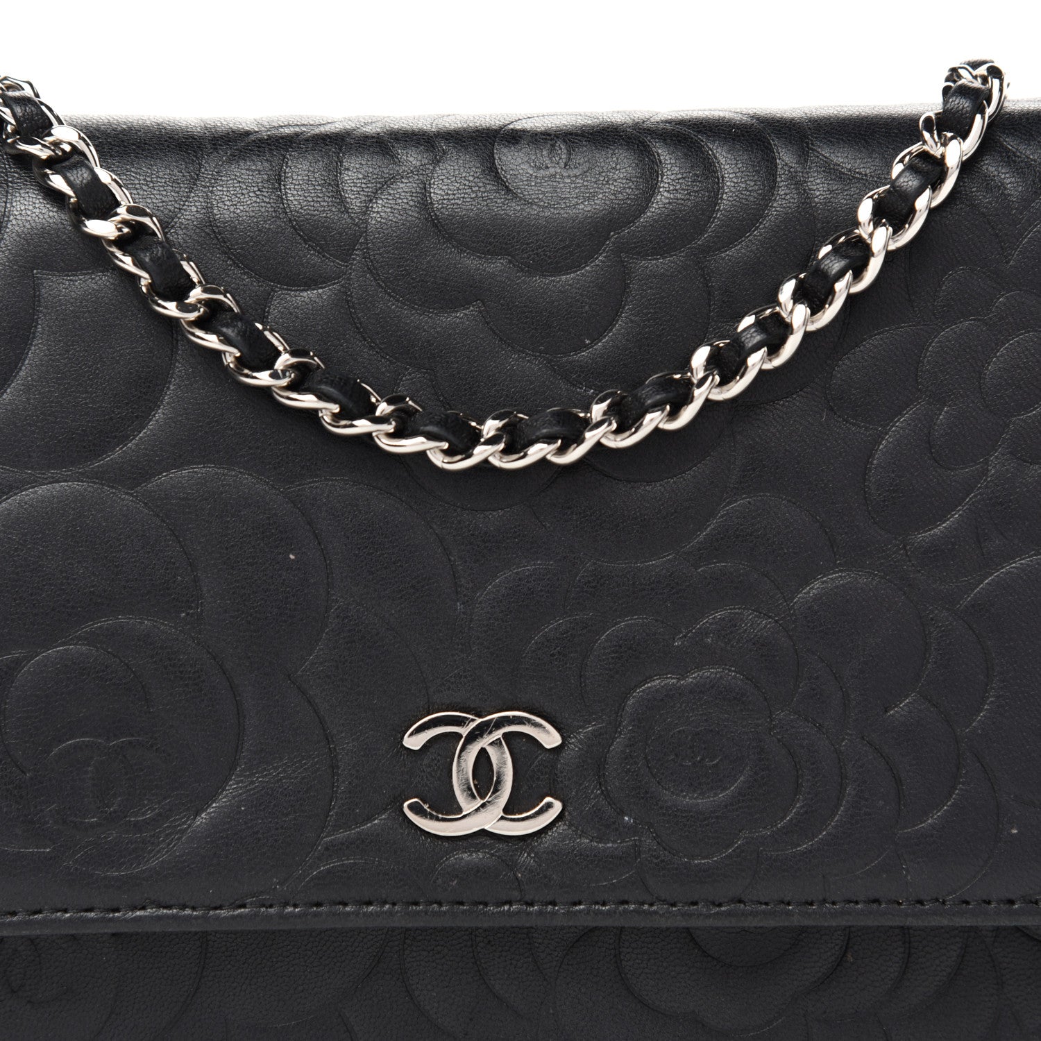 Chanel Lambskin Camellia Embossed Wallet on Chain WOC Black 10 of 10