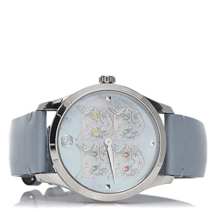 Gucci Stainless Steel Calfskin Blue Mother of Pearl 38mm G-Timeless Cat Quartz Watch 3 of 7