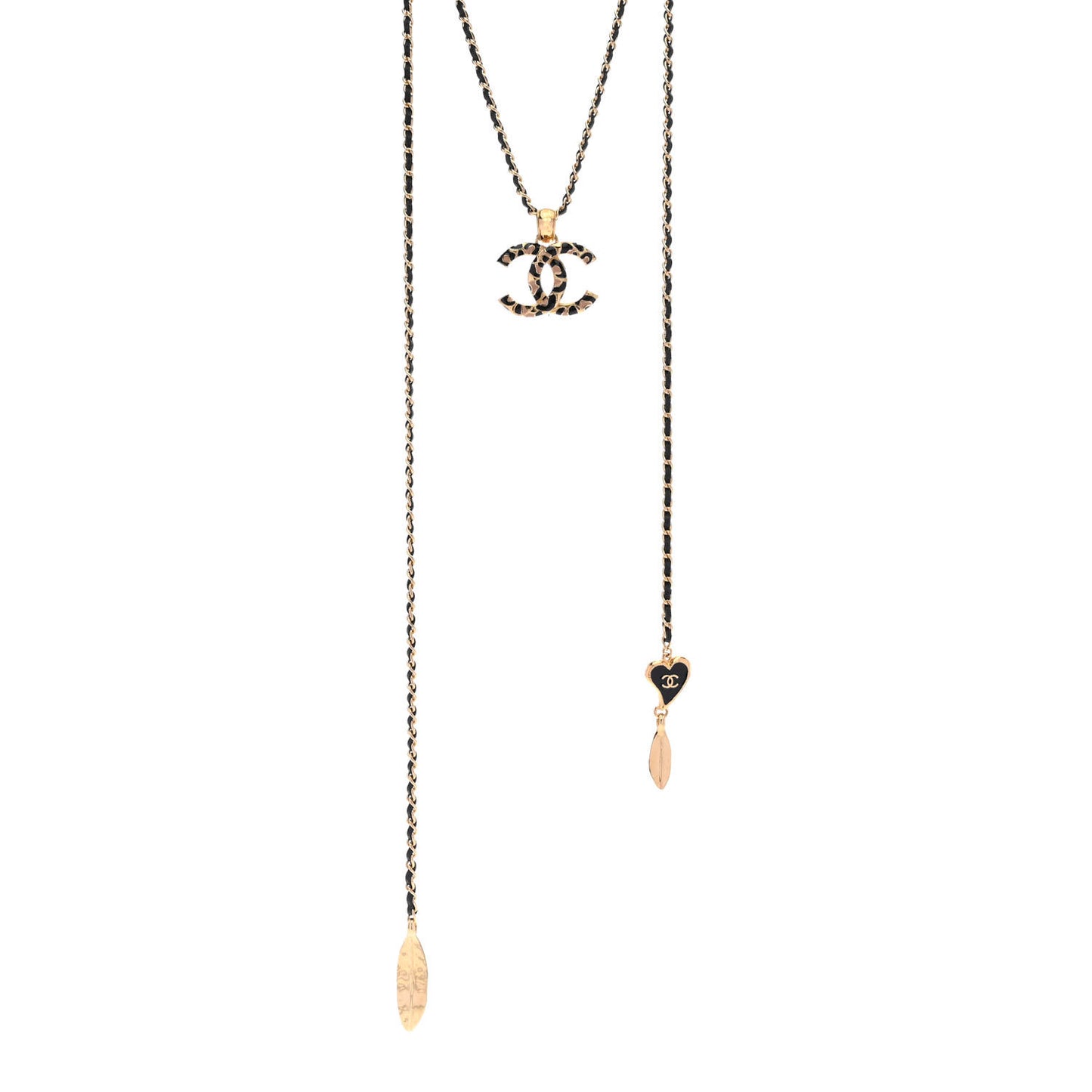 Metal Calfskin Leopard Print CC Pendant Necklace Gold Black Beige