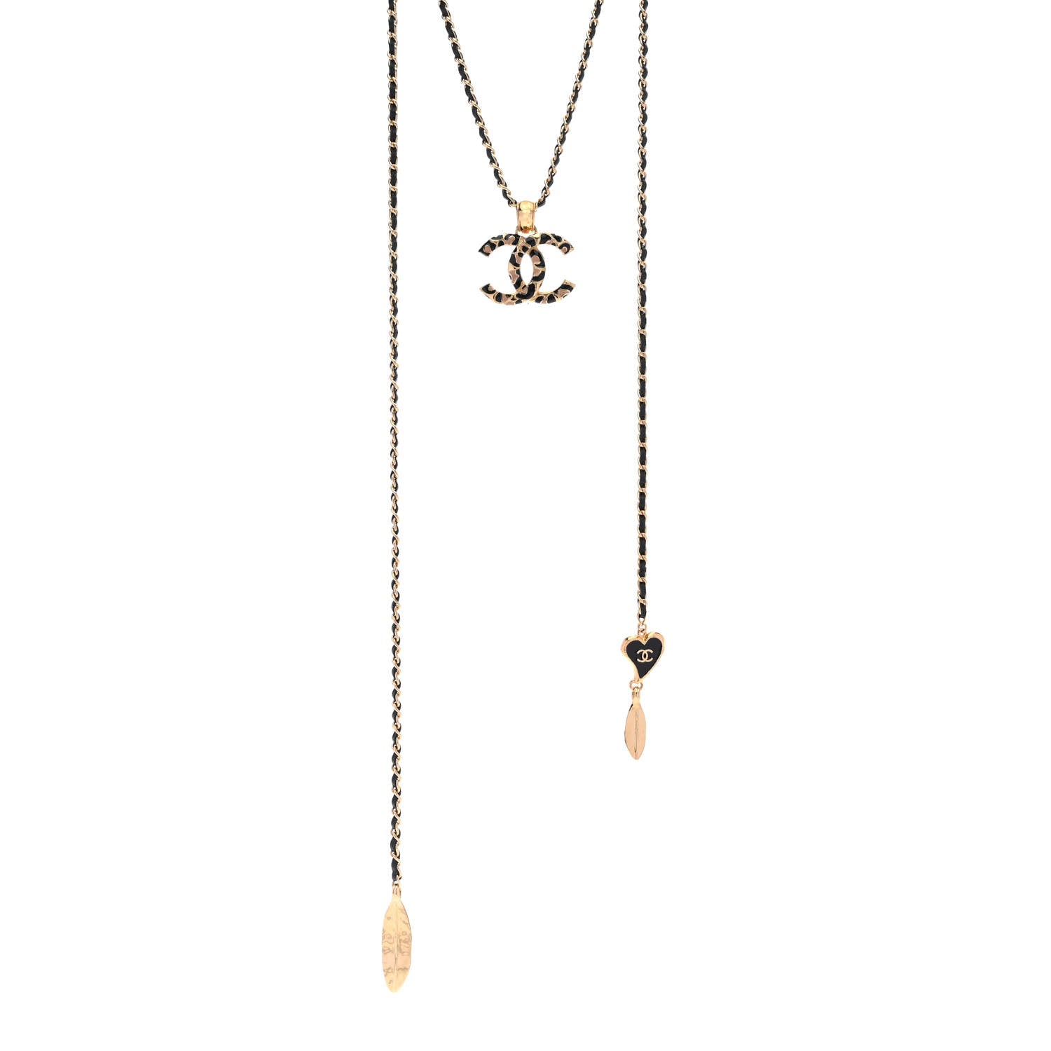 Chanel Metal Calfskin Leopard Print CC Pendant Necklace Gold Black Beige 1 of 7