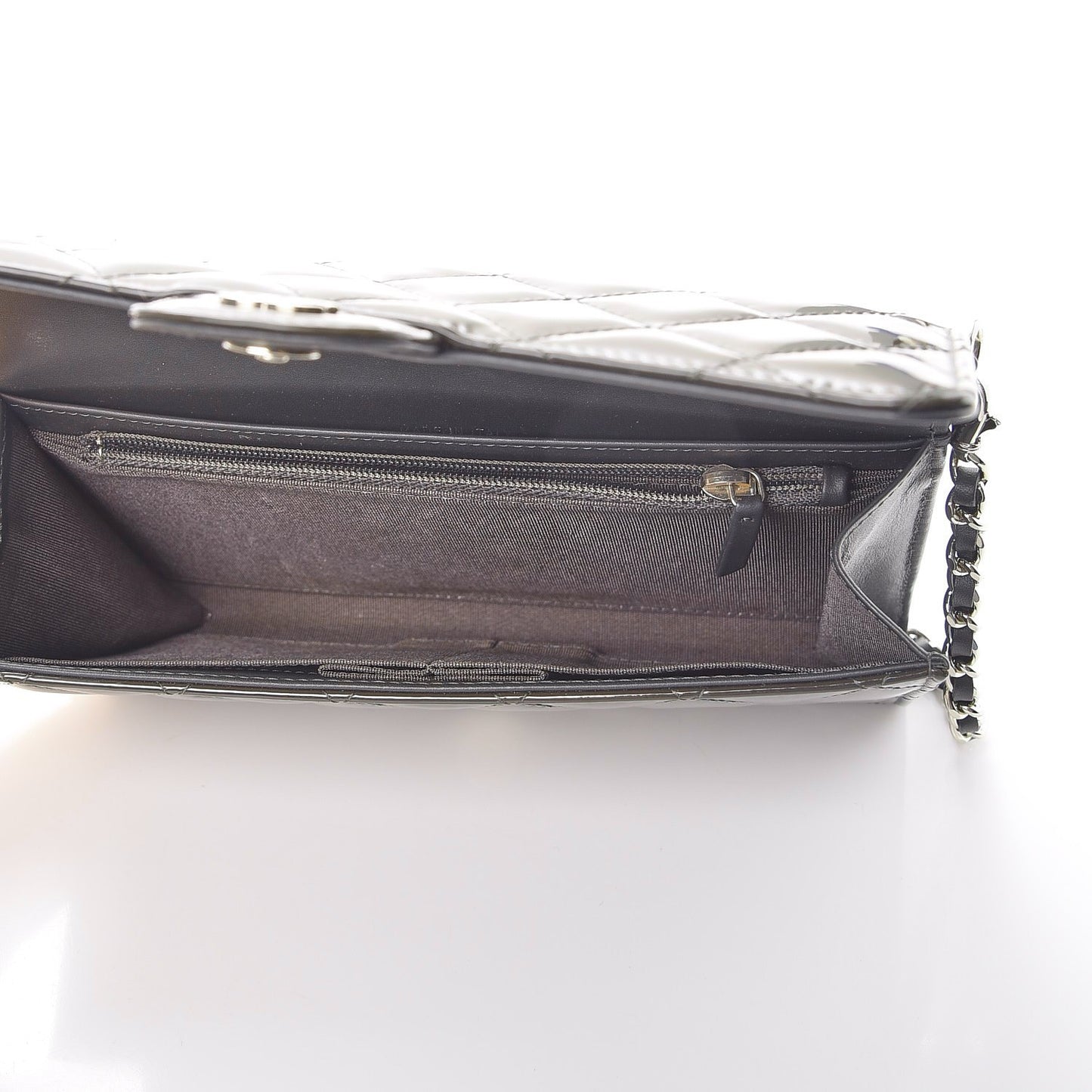 Patent Quilted Wallet On Removable Chain Dark Grey