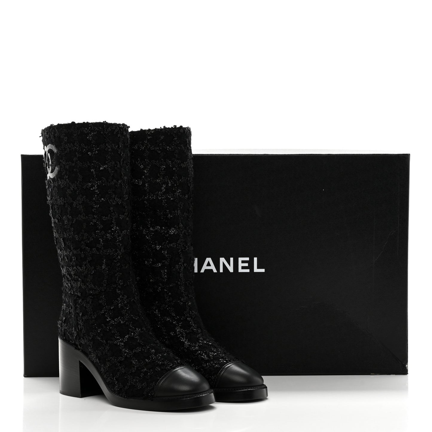 Iridescent Wool Silk Tweed Calfskin CC Cap Toe High Boots 40 Black