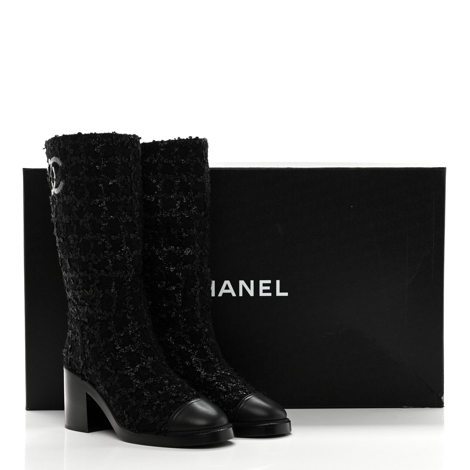 Chanel Iridescent Wool Silk Tweed Calfskin CC Cap Toe High Boots 40 Black 9 of 9