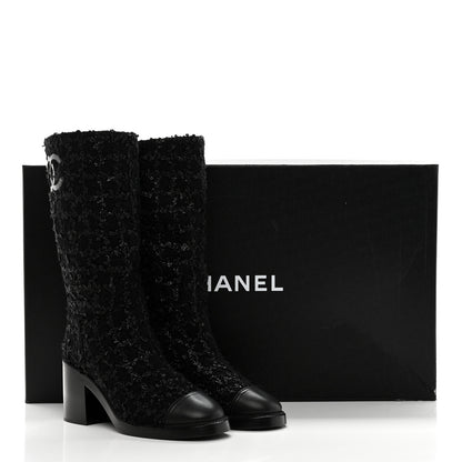 Chanel Iridescent Wool Silk Tweed Calfskin CC Cap Toe High Boots 40 Black 9 of 9