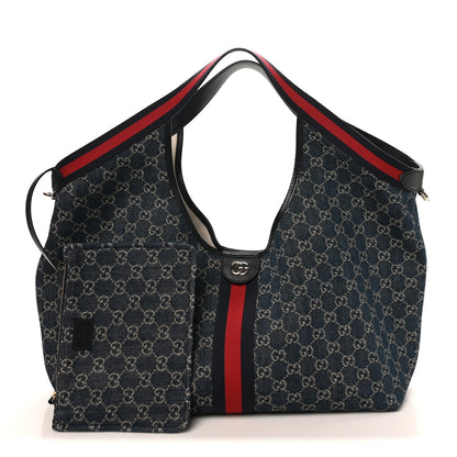 Gucci Denim GG Monogram Web Large Giglio Tote Blue 2 of 10
