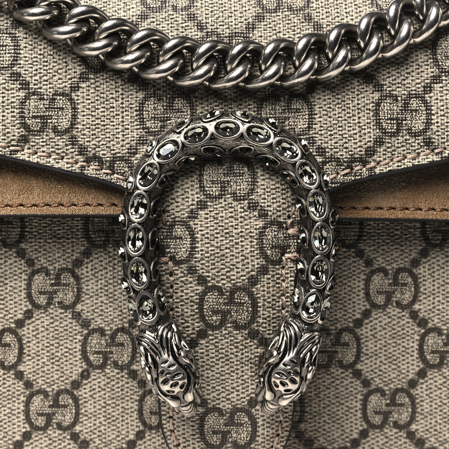Gucci GG Supreme Monogram Suede Crystal Small Dionysus Shoulder Bag Beige Ebony Taupe 8 of 10