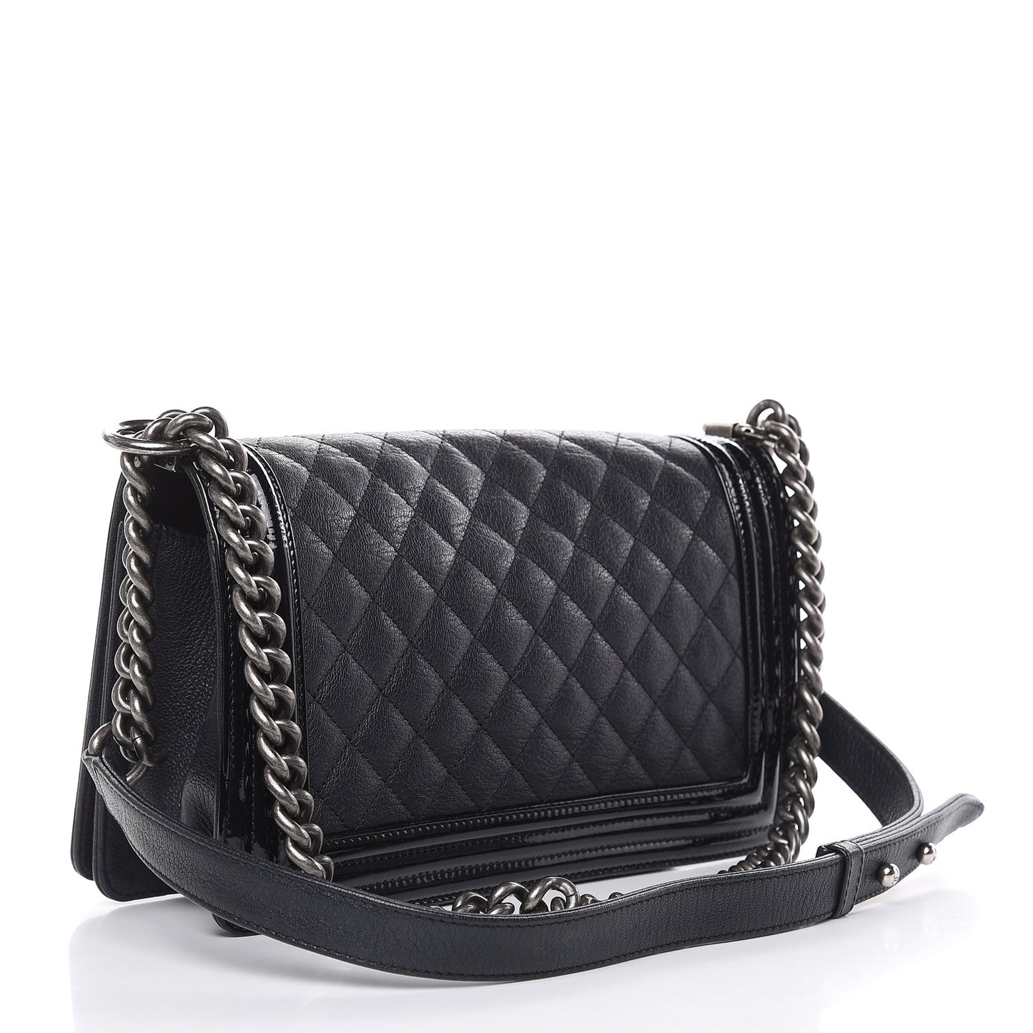 Goatskin Quilted Patent Medium Duo Boy Flap Black