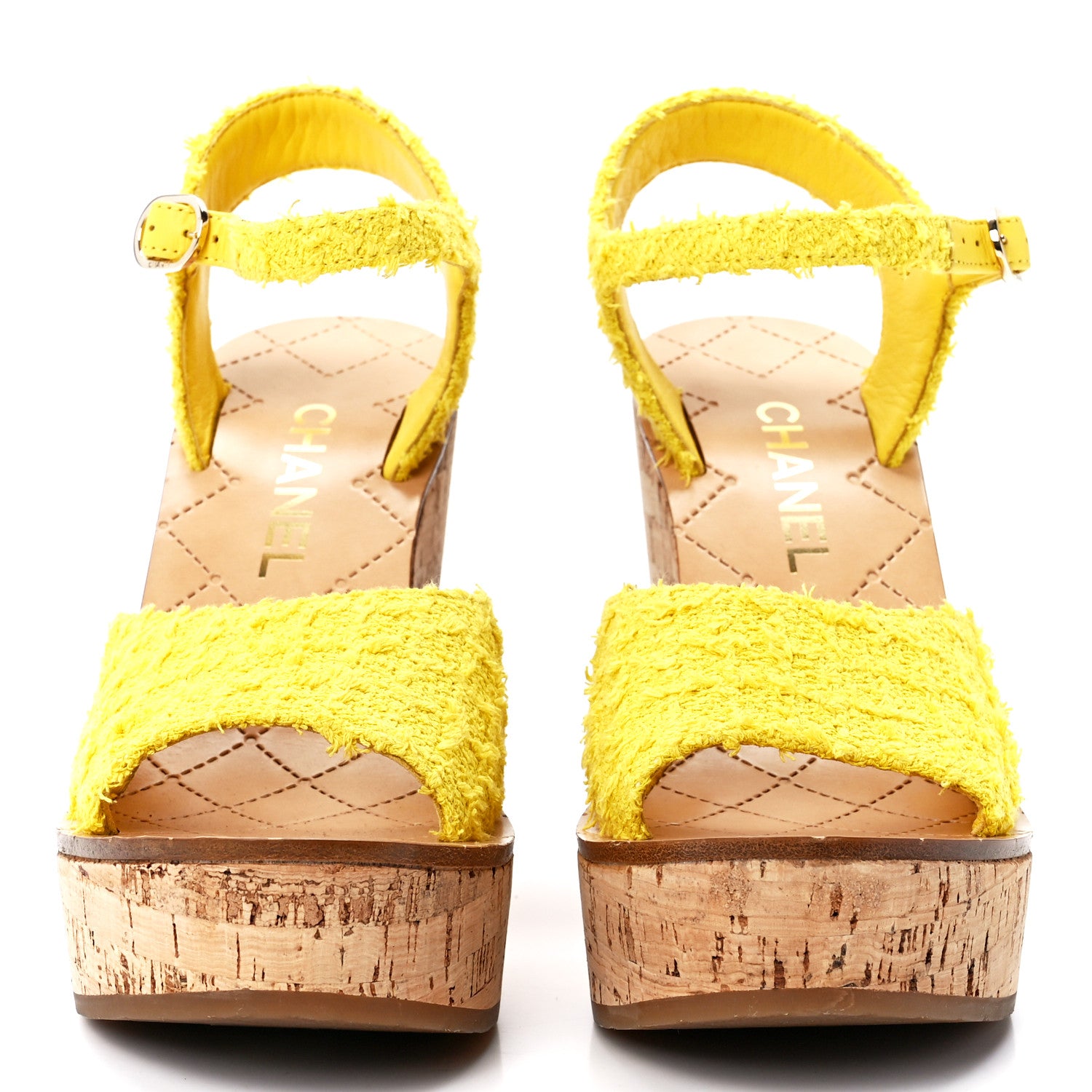 Chanel Tweed Cork CC Wedge Sandals 39 Yellow 2 of 8