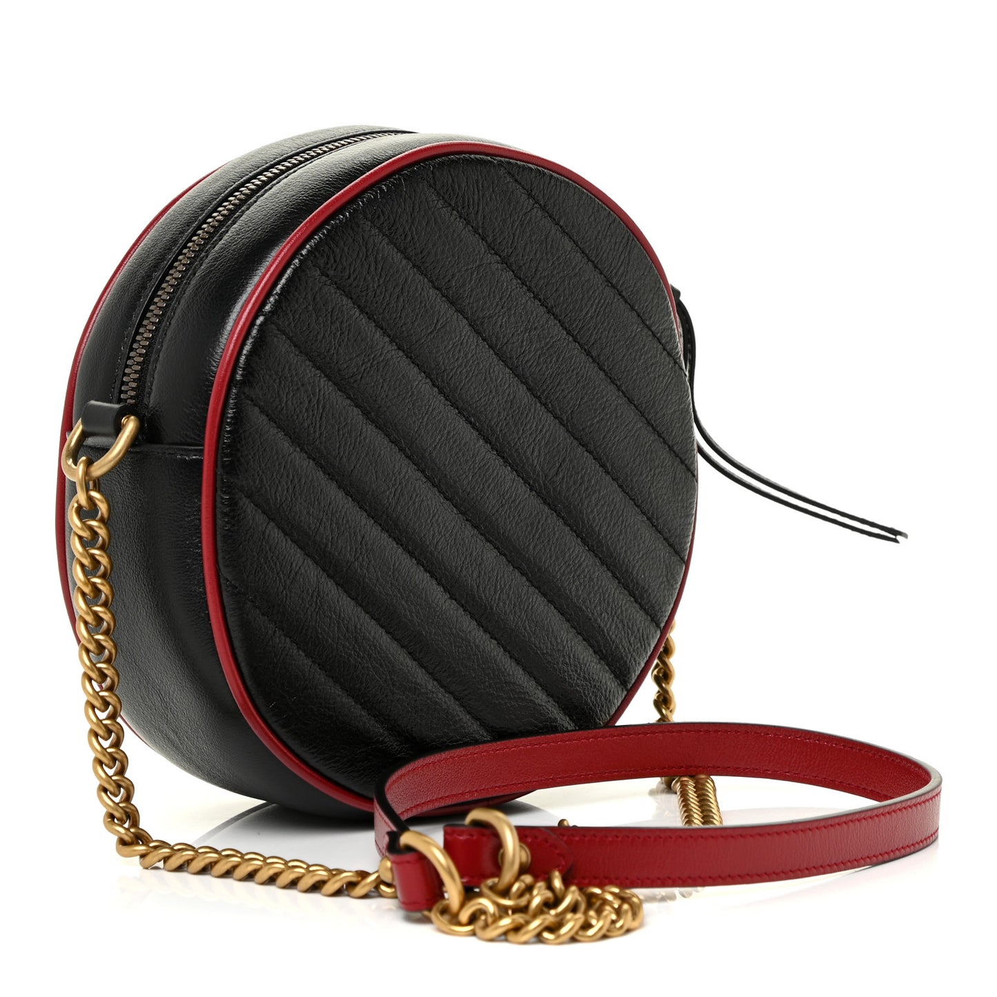 Vintage Effect Calfskin Matelasse Diagonal Mini Torchon GG Marmont Round Shoulder Bag Black Romantic Cherry