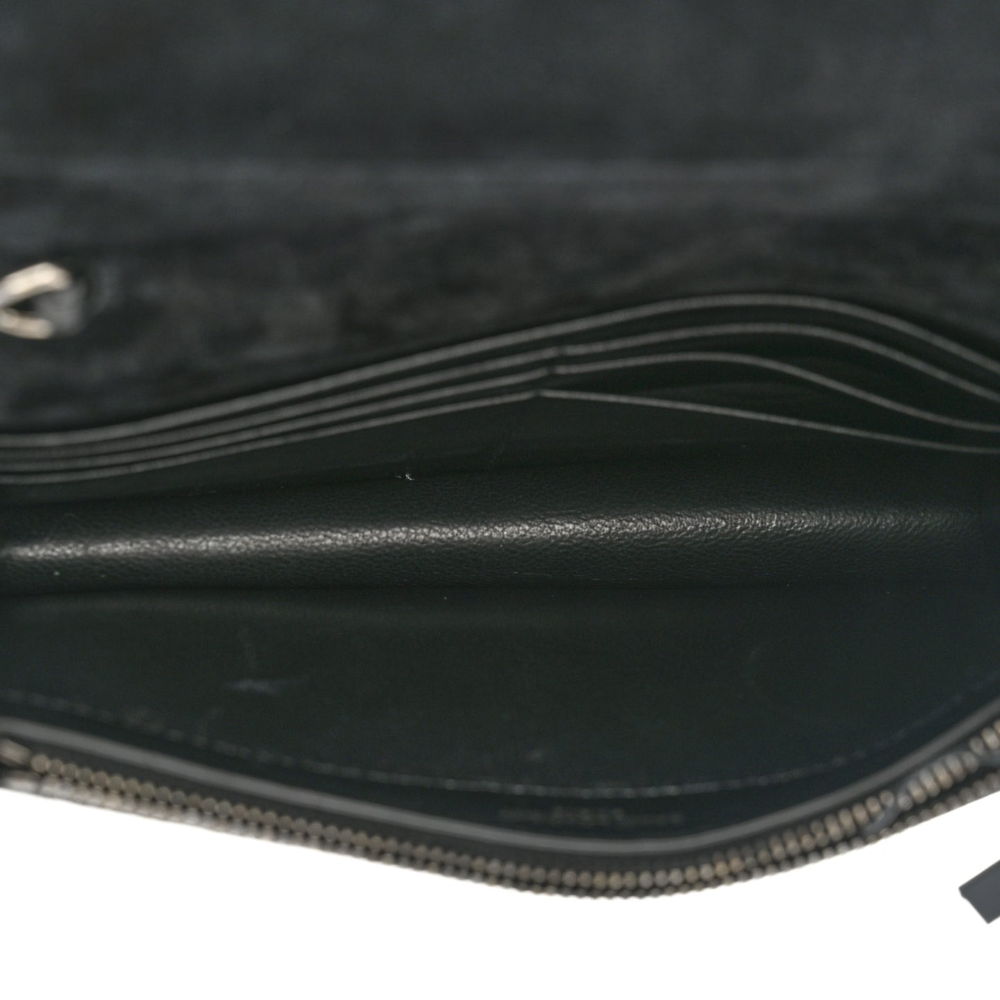 Metallic Calfskin Classic Monogram Kate Tassel Chain Wallet Gun Metal