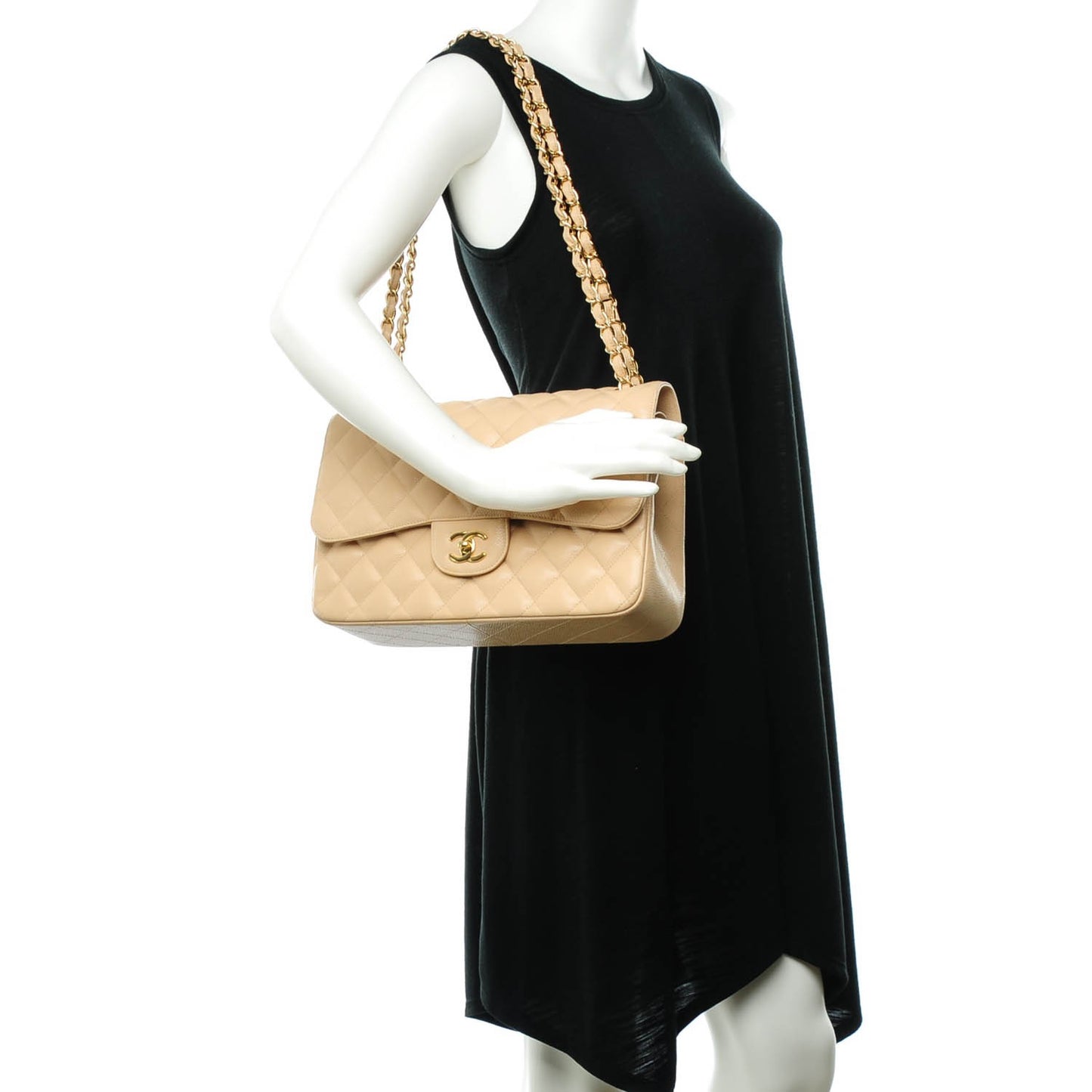 Caviar Quilted Jumbo Double Flap Beige Clair