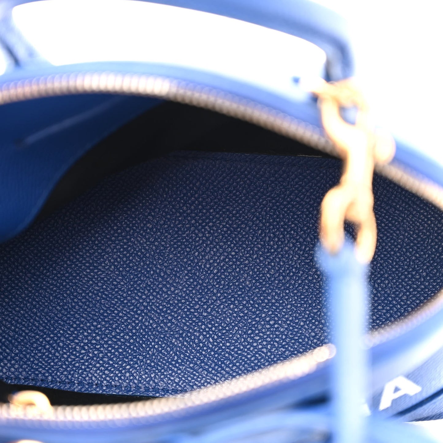 Signature Grained Calfskin Logo S Ville Top Handle Bag Bleu Roi White