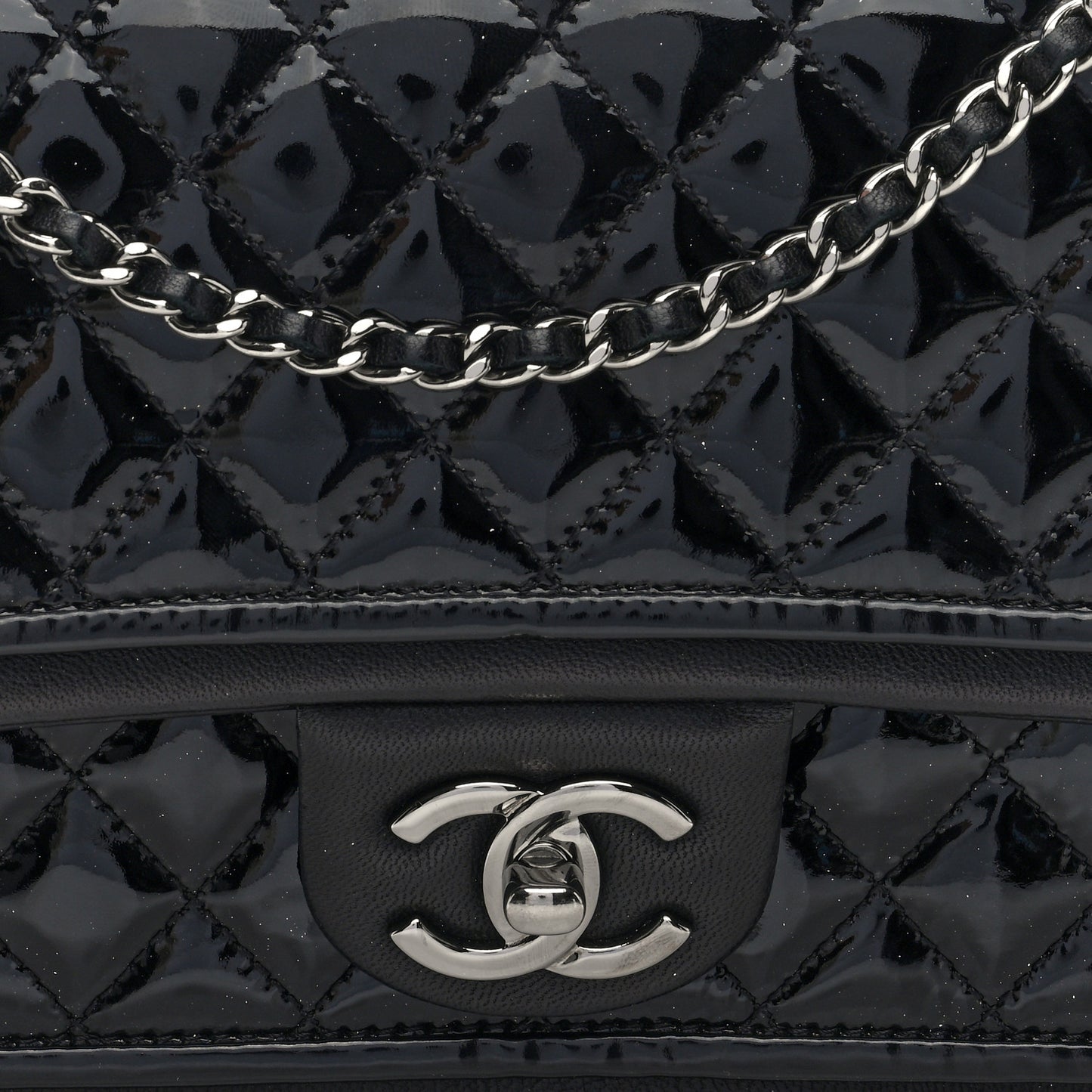 Patent Quilted Classic Twist Flap Bag Black