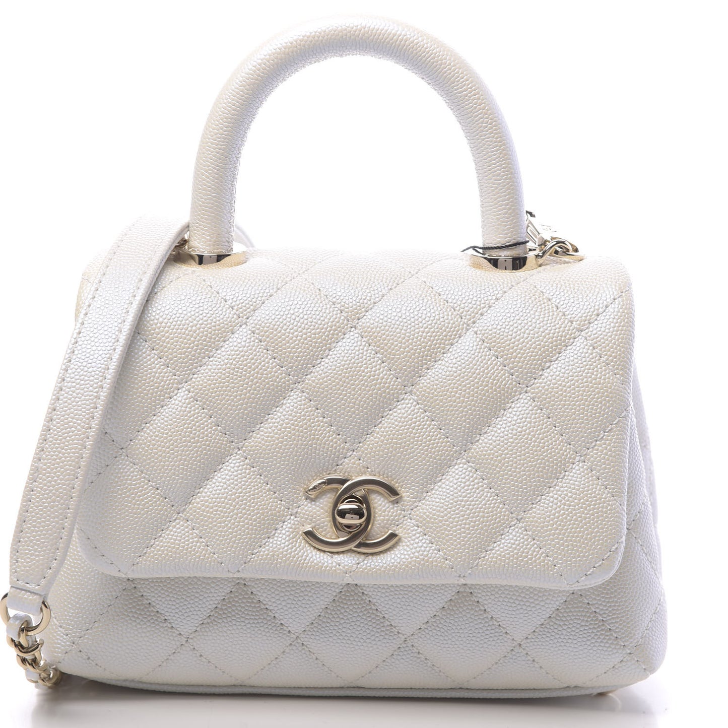 Iridescent Caviar Quilted Extra Mini Coco Handle Flap White