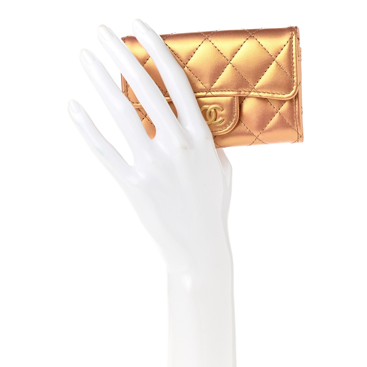 Chanel Metallic Lambskin Quilted Flap Card Holder Wallet Gold 2 of 8