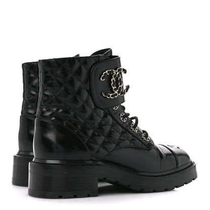 Chanel Shiny Goatskin Calfskin Quilted Lace Up Combat Boots 38 Black 4 of 9