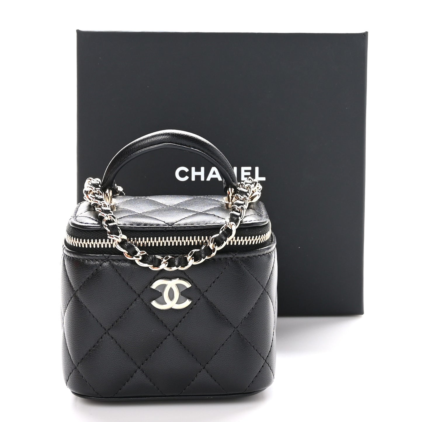 Lambskin Quilted Top Handle Mini Vanity Case With Chain Black