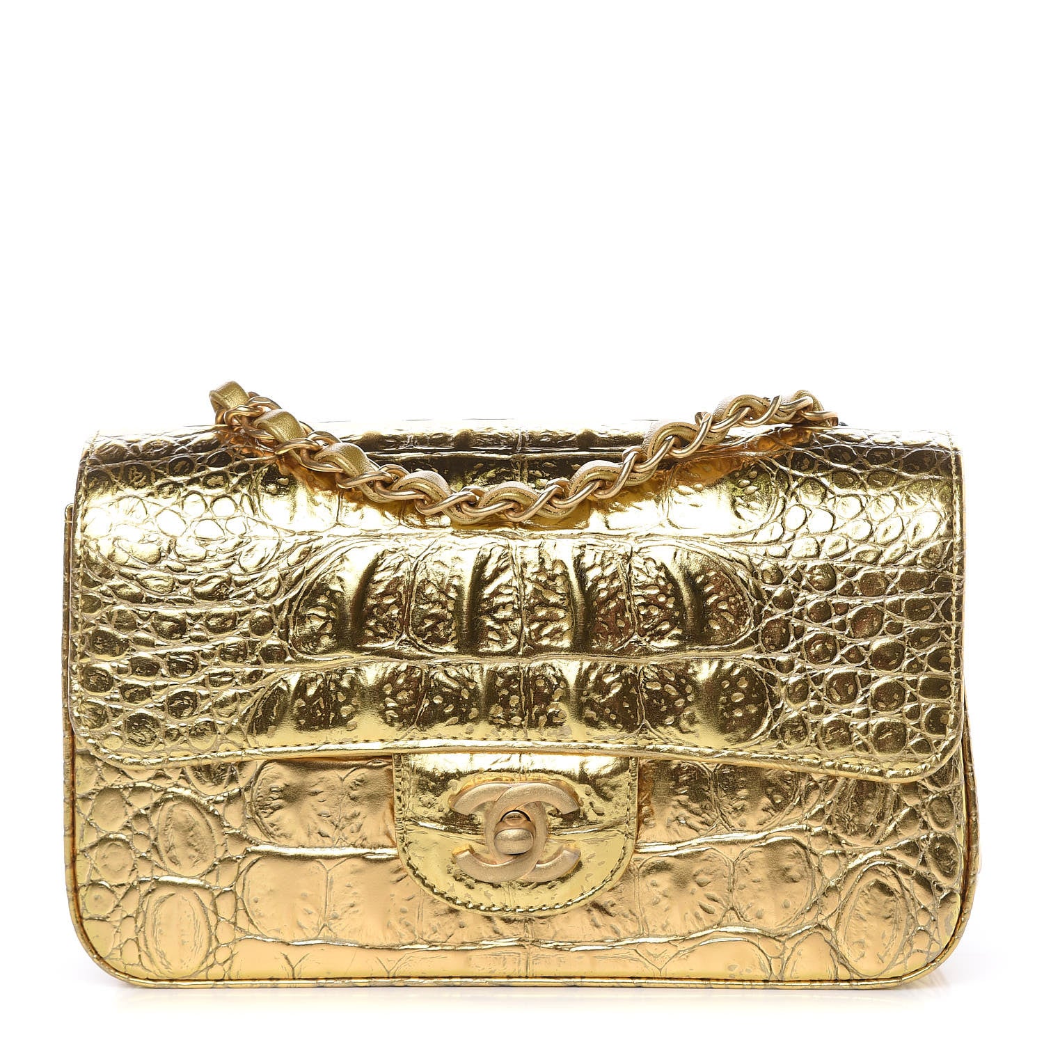 Chanel Metallic Calfskin Crocodile Embossed Cocodile Rectangular Mini Flap Gold 1 of 10