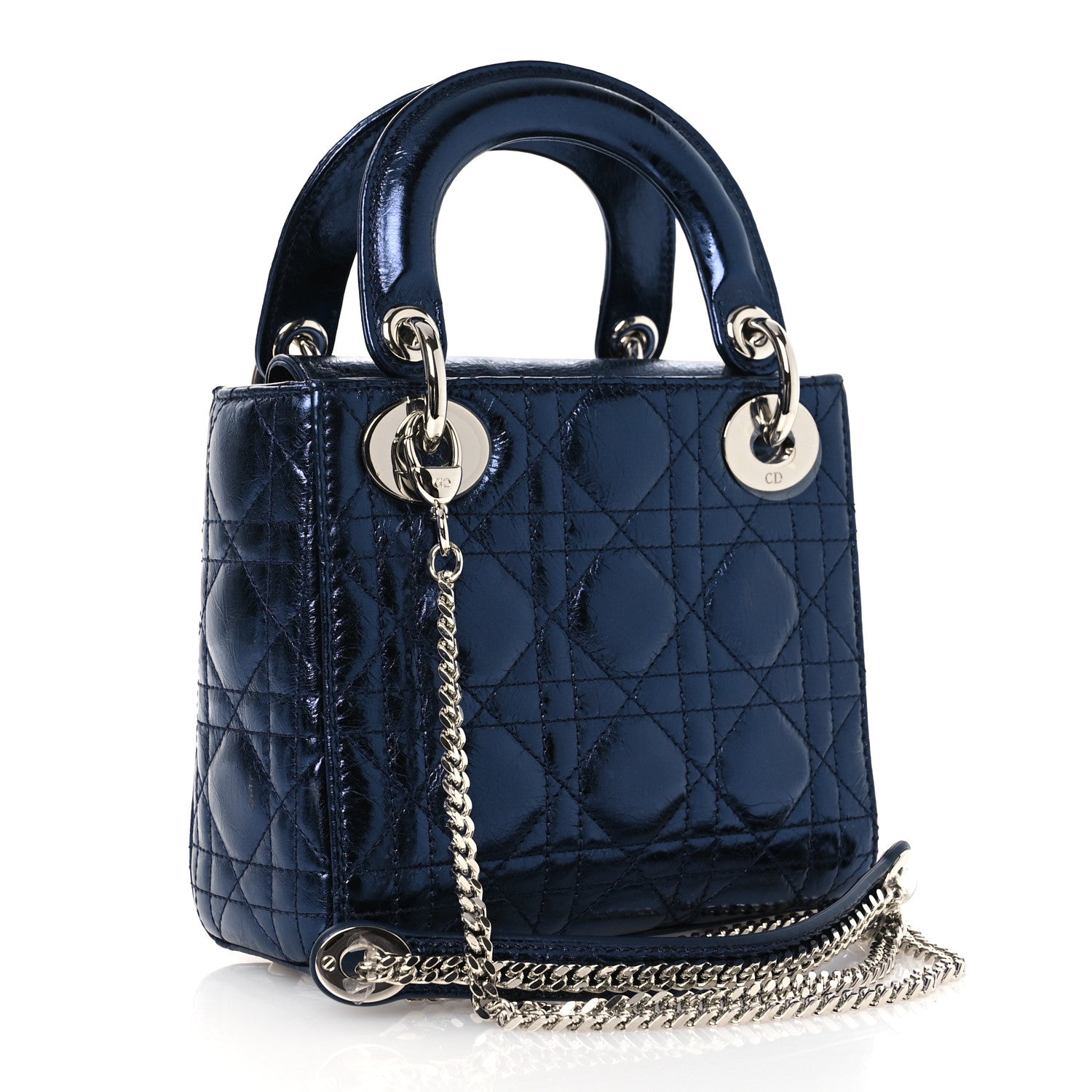 Christian Dior Metallic Crinkled Lambskin Cannage Mini Lady Dior Blue 3 of 12